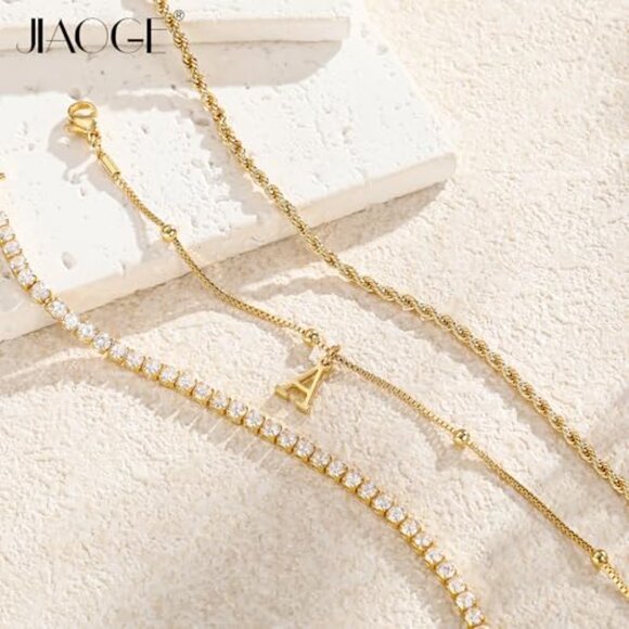 Dainty Gold Bracelets Set Personalized Initial Stackable Tennis Rope Chain - Picture 7 of 8